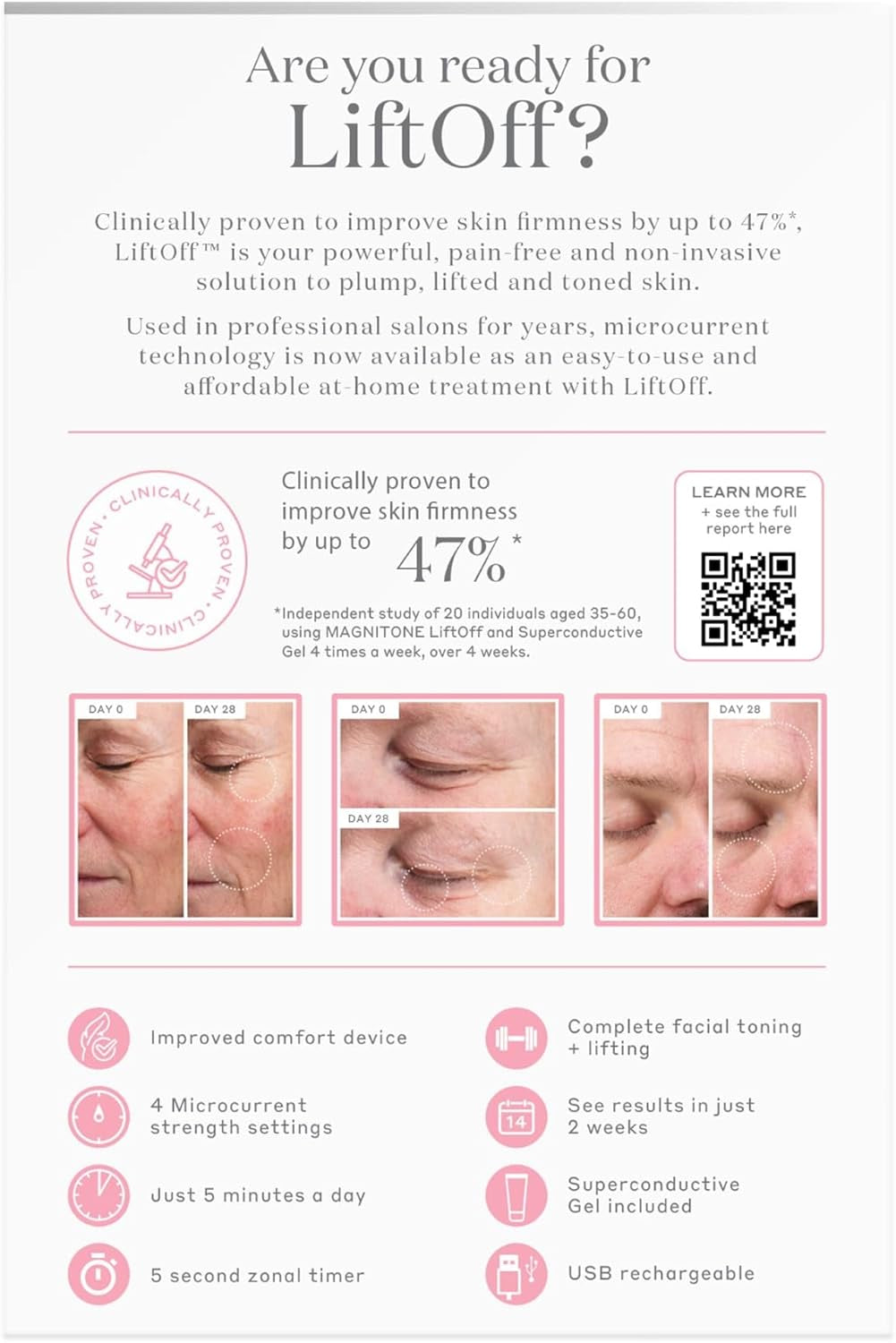 Lift off Microcurrent Facial Toning Device, Pink, USB Rechargeable, with Prepare + Glide Superconductive Gel 60Ml at Home Face Lift (Pink)